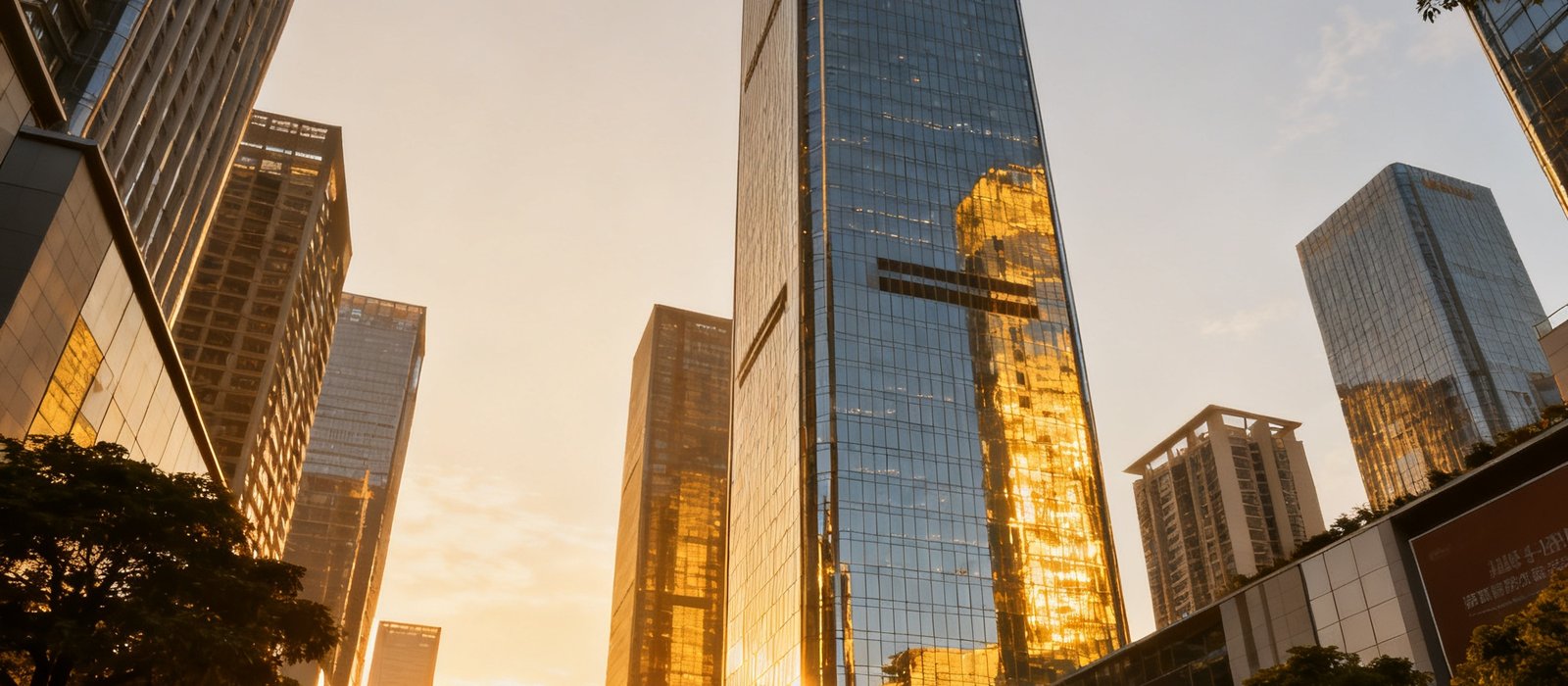 深圳福田中心区卓越世纪中心A座外观，玻璃幕墙摩天大楼在夕阳下熠熠生辉，周边是繁华的CBD商业街区与整齐的行道树。