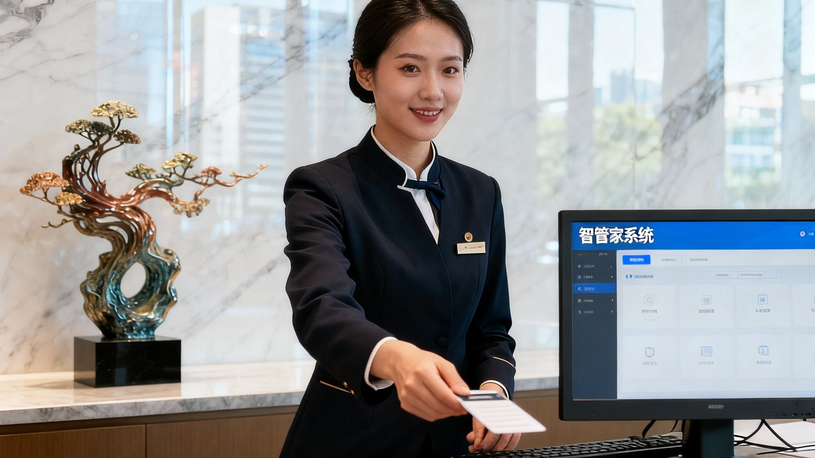 一位身着深色制服的女性管家正在超甲级写字楼前台为来访宾客办理登记，背景是明亮的大理石墙面与精致的艺术摆件，电脑屏幕显示智管家系统界面。